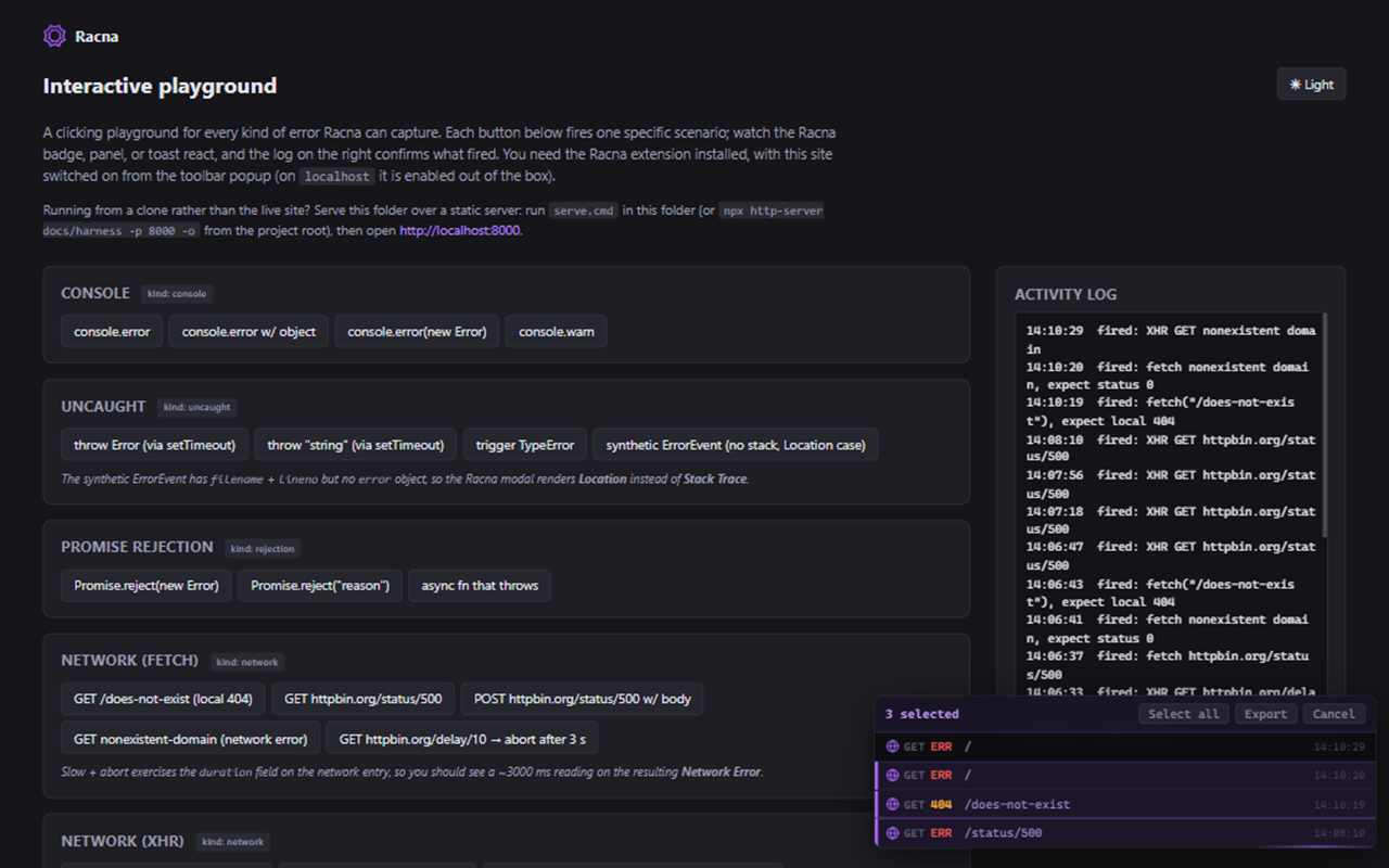 Selection mode with the export action